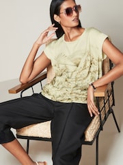 Ecru and Green Leaf Print Woven Mix Short Sleeve T-Shirt - Image 2 of 6