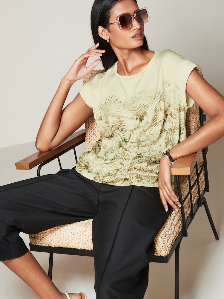 Ecru and Green Leaf Print Woven Mix Short Sleeve T-Shirt - Image 2 of 6