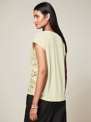 Ecru and Green Leaf Print Woven Mix Short Sleeve T-Shirt - Image 3 of 6