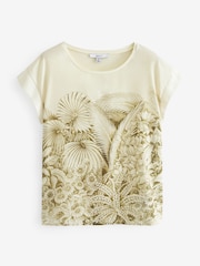 Ecru and Green Leaf Print Woven Mix Short Sleeve T-Shirt - Image 5 of 6