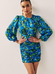 Blue/Green Sparkle Floral Long Sleeve Ruched Mini Dress - Image 1 of 6