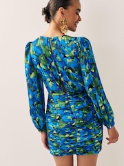 Blue/Green Sparkle Floral Long Sleeve Ruched Mini Dress - Image 3 of 6