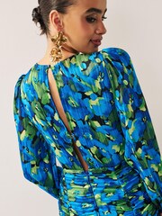 Blue/Green Sparkle Floral Long Sleeve Ruched Mini Dress - Image 4 of 6