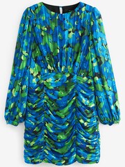 Blue/Green Sparkle Floral Long Sleeve Ruched Mini Dress - Image 5 of 6