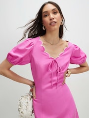 River Island Pink Short Sleeve Scallop Edge Linen Look Mini Dress - Image 4 of 4