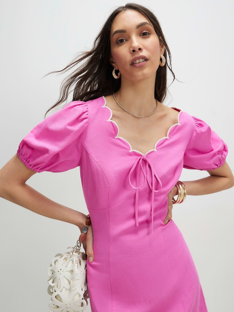 River Island Pink Short Sleeve Scallop Edge Linen Look Mini Dress - Image 4 of 4 River Island Pink Short Sleeve Scallop Edge Linen Look Mini Dress - Image 4 of 4
