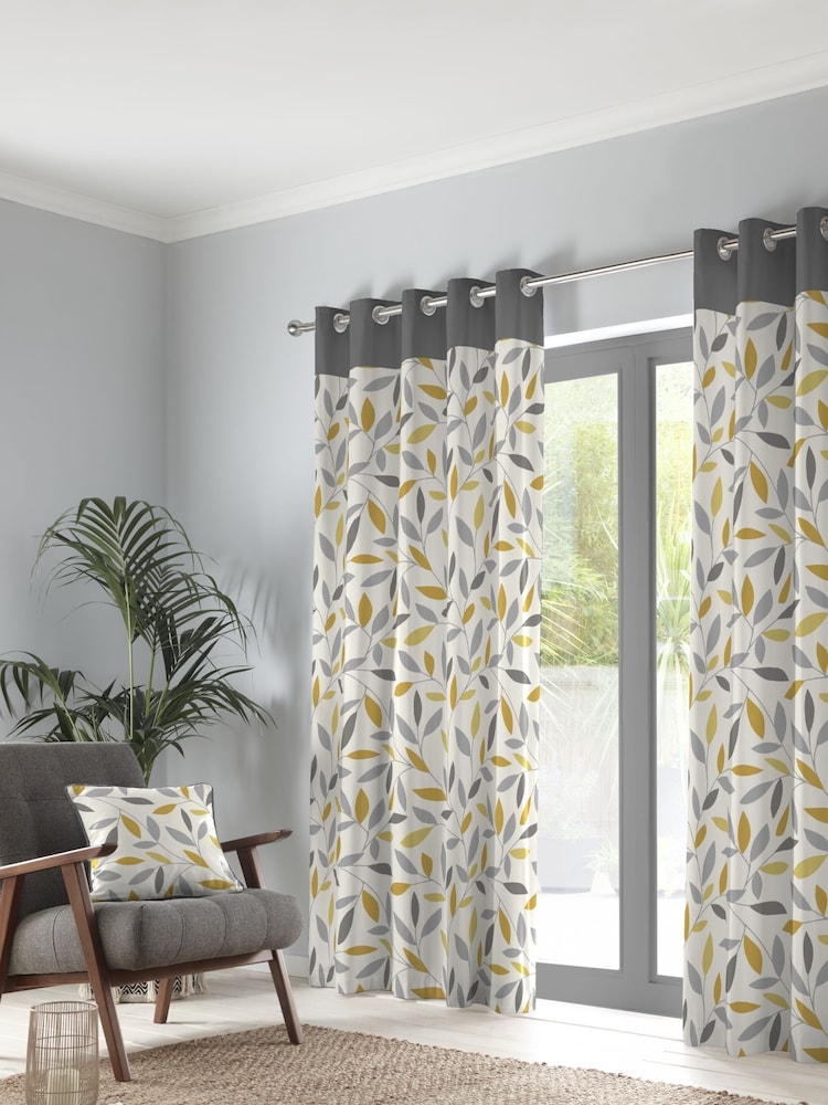 Fusion Yellow 100% Cotton Beechwood Leaves Eyelet Lined Curtains - Image 1 of 3