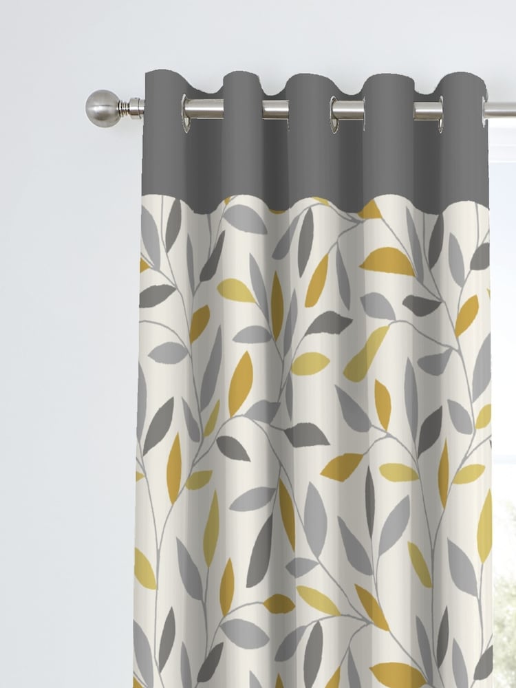 Fusion Yellow 100% Cotton Beechwood Leaves Eyelet Lined Curtains - Image 2 of 3