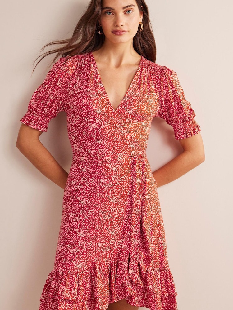 Boden Red Ruffle Wrap Jersey Mini Dress - Image 1 of 4