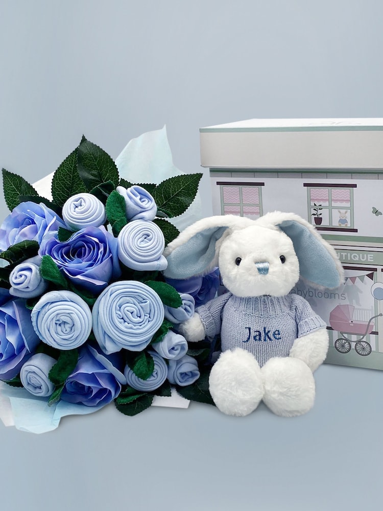 Babyblooms Blue Luxury Bouquet and Personalised 100% Cotton New Baby Bunny Soft Toy Gift - Image 1 of 6