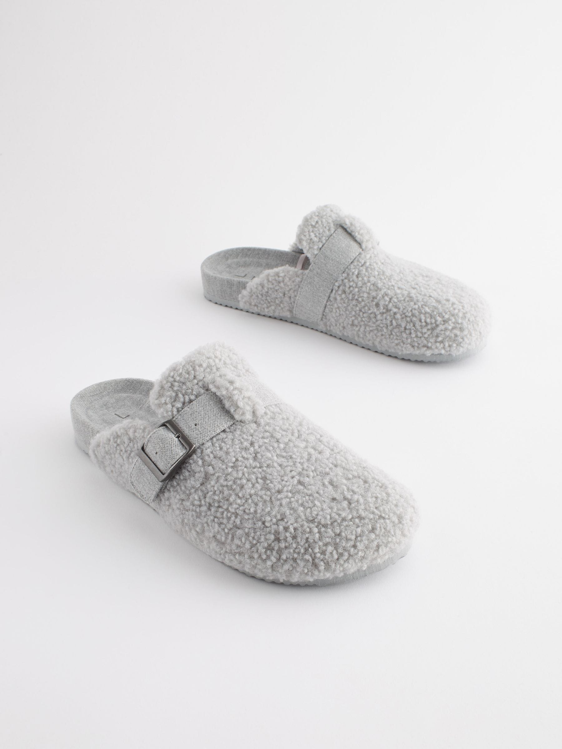 Buy Grey Teddy Borg Buckle Mule Slippers from Next Luxembourg