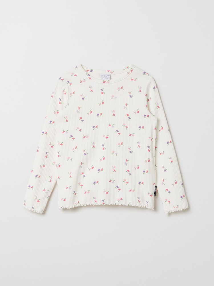 Polarn O. Pyret White Organic Cotton Ribbed Floral Top - Image 1 of 3