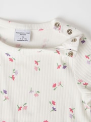 Polarn O. Pyret White Organic Cotton Ribbed Floral Top - Image 2 of 3