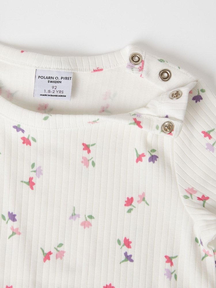 Polarn O. Pyret White Organic Cotton Ribbed Floral Top - Image 2 of 3