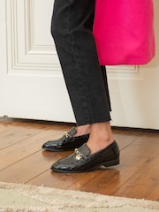 Novo Black Wide Fit Elio Faux Croc Flat Loafers - Image 1 of 4