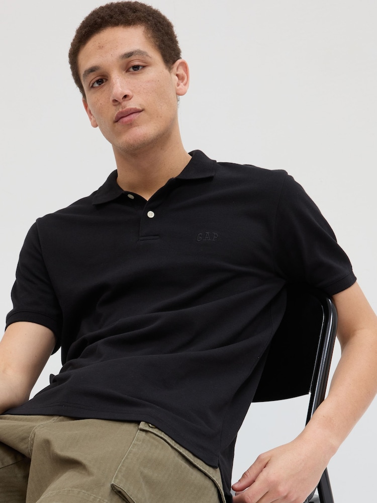 Gap Black Pique Logo 100% Cotton Short Sleeve Polo Shirt - Image 1 of 8