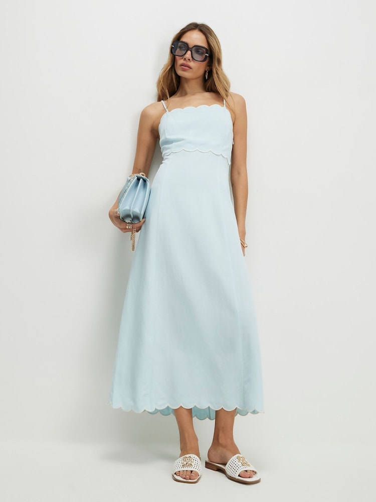 River Island Blue Sleeveless Scallop Edge Maxi Dress contains Linen - Image 1 of 4