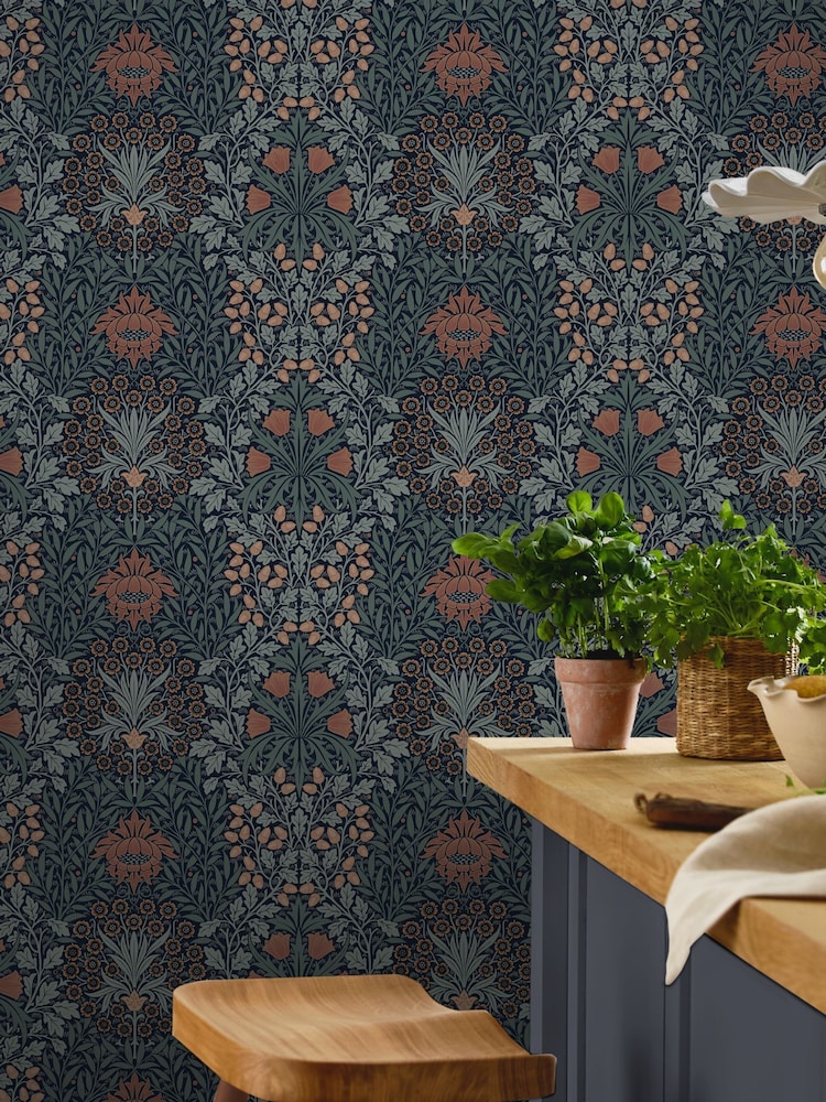 William Morris At Home Ink Blue Oak & Willow 10M Wallpaper - Image 1 of 5 William Morris At Home Ink Blue Oak & Willow 10M Wallpaper - Image 1 of 5