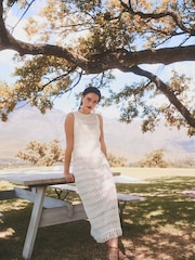 White Crochet Fringe Midi Sleeveless Dress - Image 1 of 6