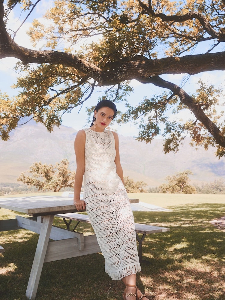 White Crochet Fringe Midi Sleeveless Dress - Image 1 of 6