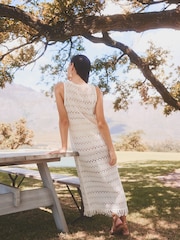White Crochet Fringe Midi Sleeveless Dress - Image 2 of 6