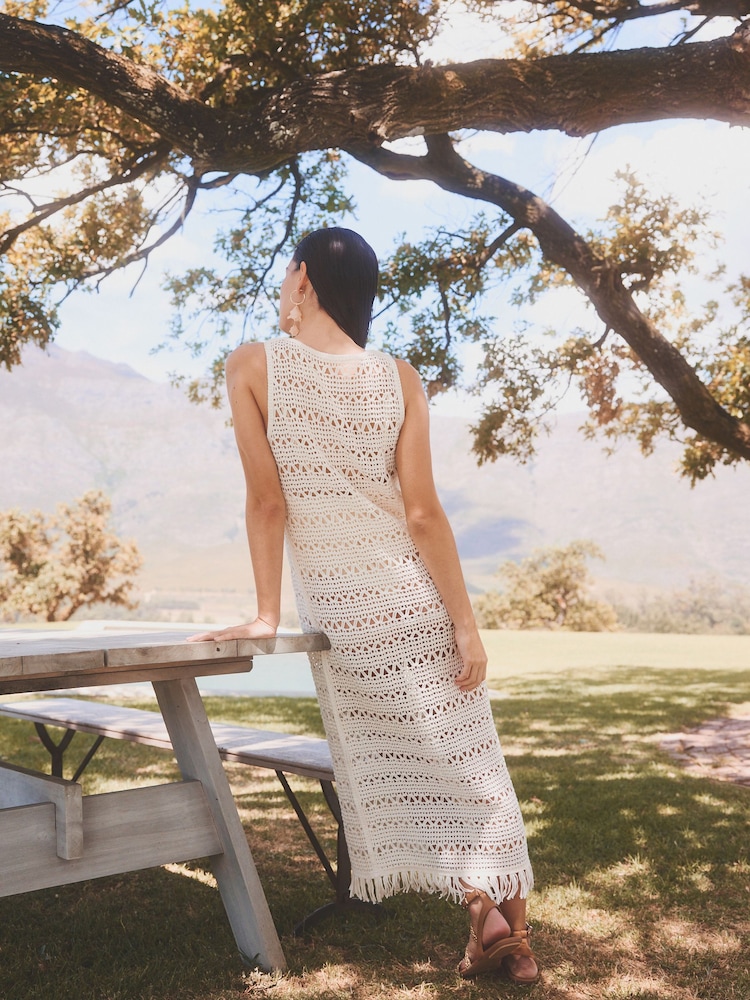 White Crochet Fringe Midi Sleeveless Dress - Image 2 of 6