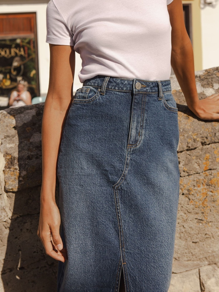 Threadbare Mid Blue Petite Denim Midi Skirt - Image 4 of 4 Threadbare Mid Blue Petite Denim Midi Skirt - Image 4 of 4