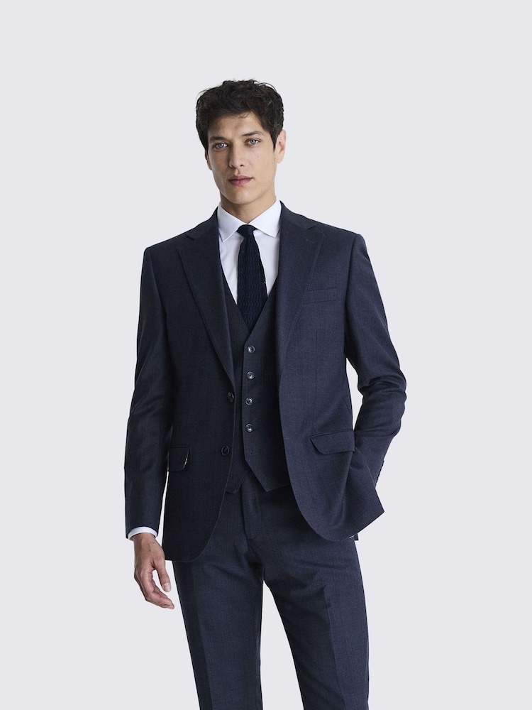MOSS Navy Blue Tailored Fit Milled Check Suit Jacket - Image 1 of 8