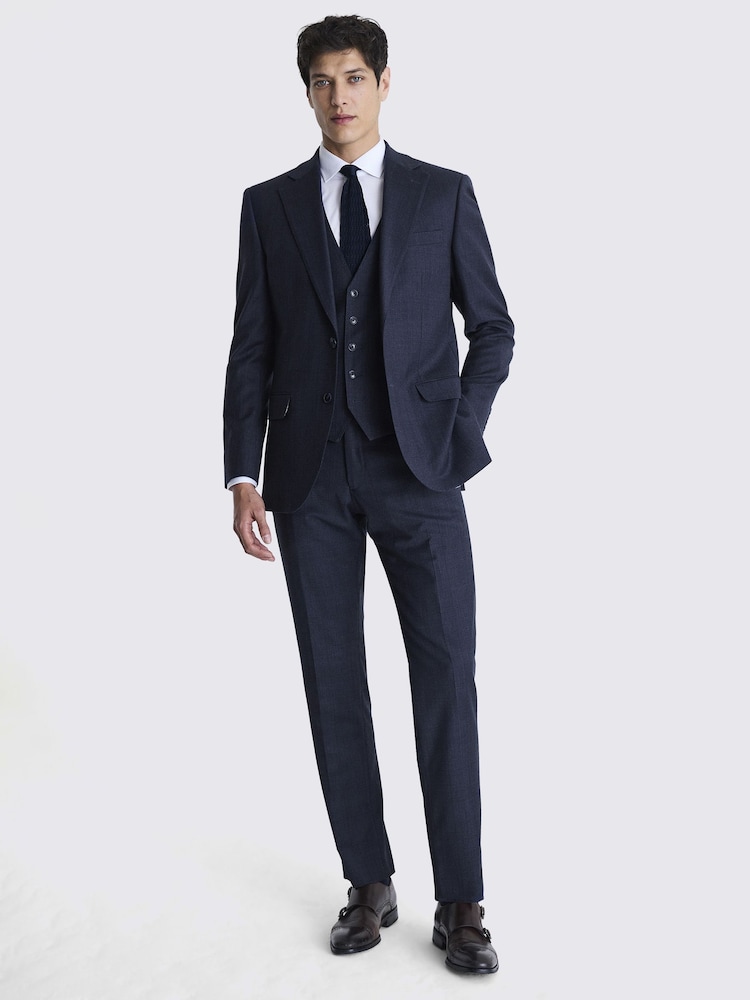 MOSS Navy Blue Tailored Fit Milled Check Suit Jacket - Image 4 of 8