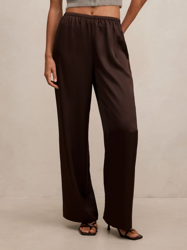 Forever New Brown Sara Satin Wide Leg Trousers - Image 1 of 5 Forever New Brown Sara Satin Wide Leg Trousers - Image 1 of 5