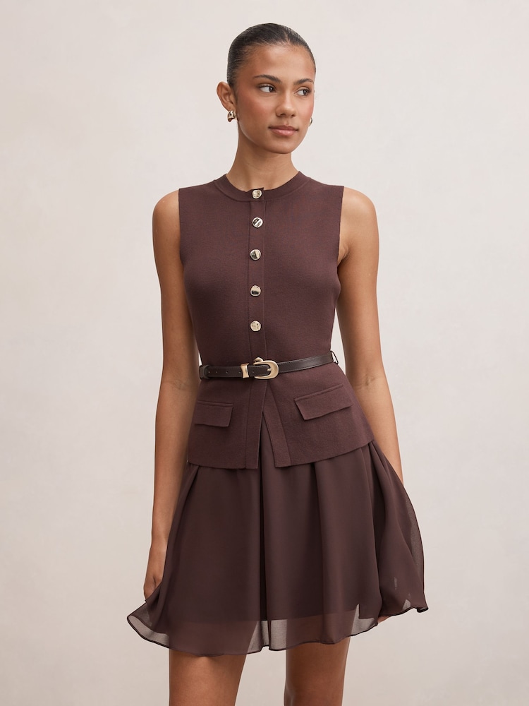 Forever New Brown Belle Woven Mix Mini Dress - Image 1 of 5 Forever New Brown Belle Woven Mix Mini Dress - Image 1 of 5
