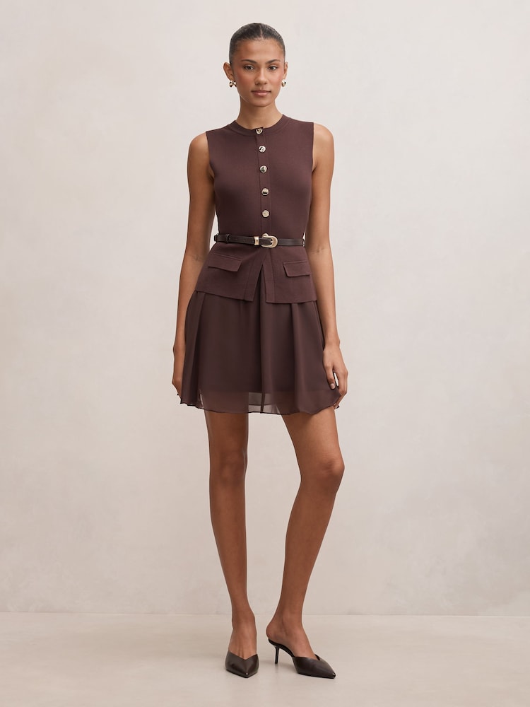 Forever New Brown Belle Woven Mix Mini Dress - Image 5 of 5 Forever New Brown Belle Woven Mix Mini Dress - Image 5 of 5