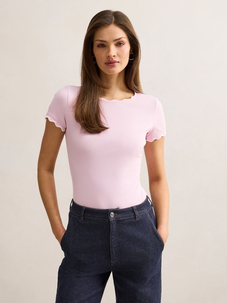 Forever New Pink Rebecca Scallop Trim T-Shirt - Image 1 of 5 Forever New Pink Rebecca Scallop Trim T-Shirt - Image 1 of 5