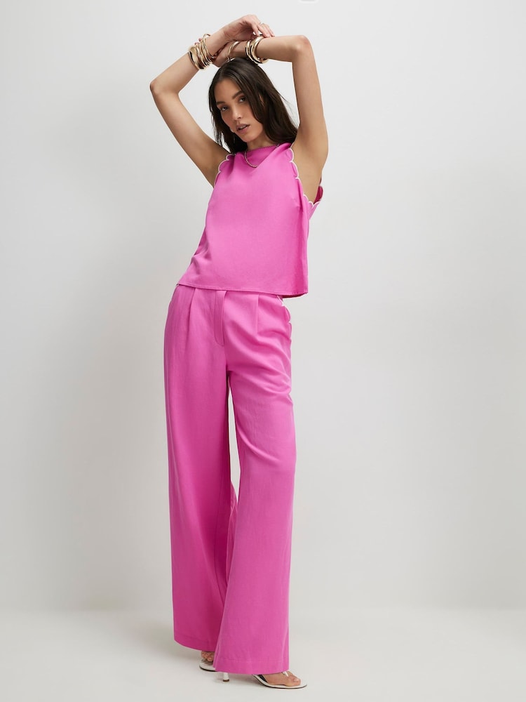 River Island Pink High Rise Scallop Edge Wide Leg Trousers with Contains Linen - Image 1 of 4 River Island Pink High Rise Scallop Edge Wide Leg Trousers with Contains Linen - Image 1 of 4
