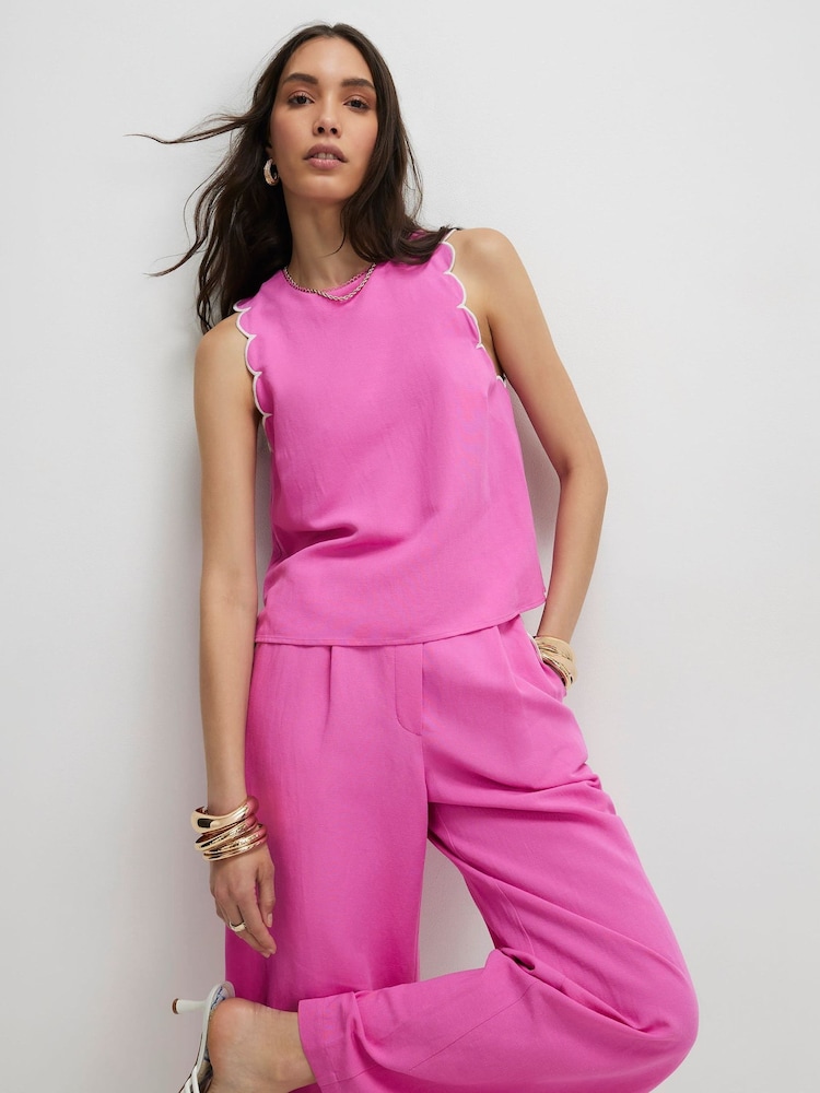River Island Pink High Rise Scallop Edge Wide Leg Trousers with Contains Linen - Image 2 of 4 River Island Pink High Rise Scallop Edge Wide Leg Trousers with Contains Linen - Image 2 of 4