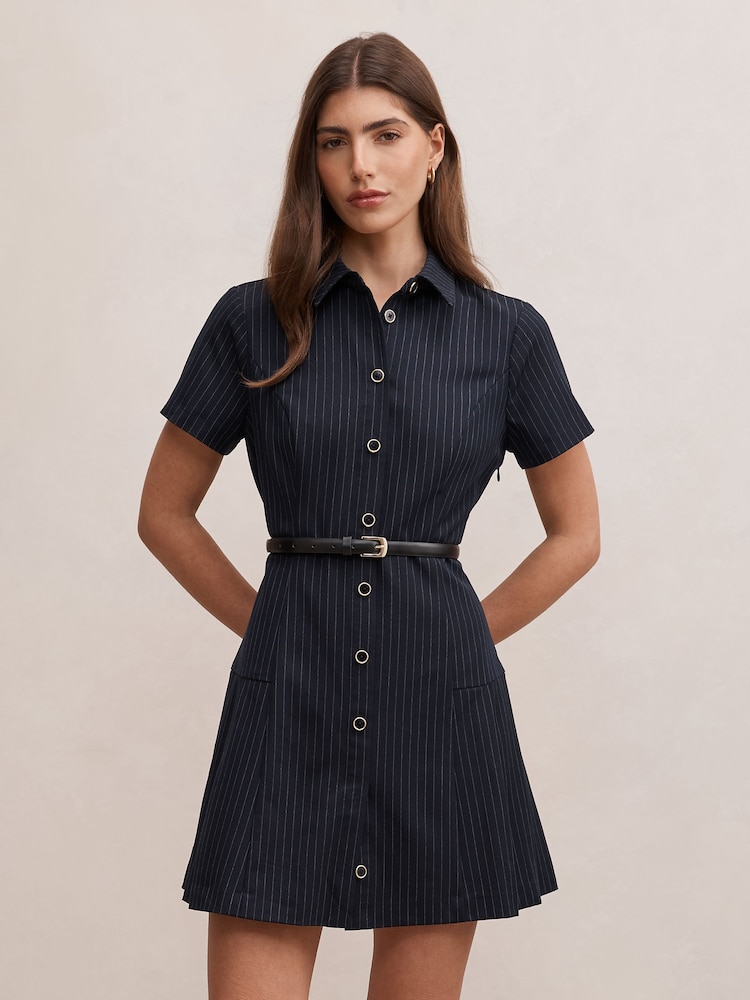 Forever New Blue Gigi Pleated Button Down Mini Dress - Image 1 of 5 Forever New Blue Gigi Pleated Button Down Mini Dress - Image 1 of 5