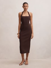 Forever New Brown Gina Halter Neck Bodycon Midi Dress - Image 1 of 4