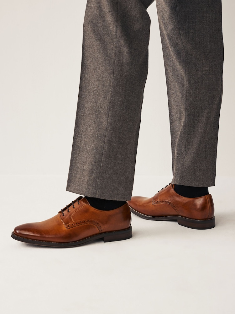 Tan Brown Standard Fit Leather Contrast Sole Derby Shoes - Image 2 of 9