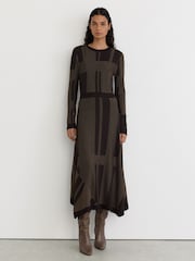 Reiss Chocolate Brown Felicity Geometric-Knit Long-Sleeve Midi Dress - Image 1 of 7