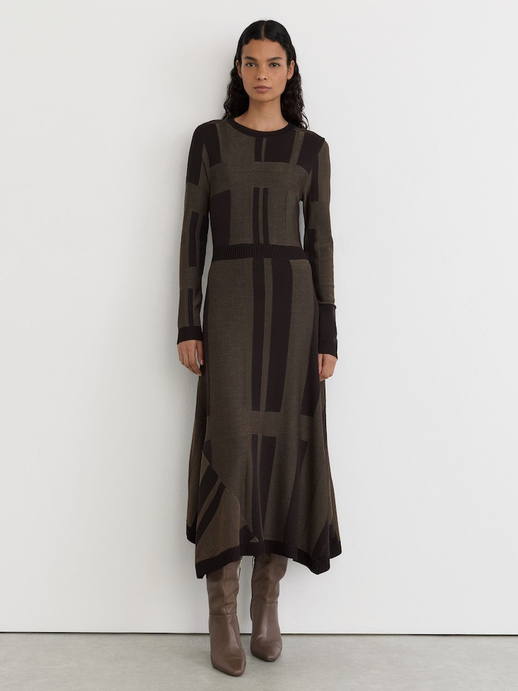Reiss Chocolate Brown Felicity Geometric-Knit Long-Sleeve Midi Dress - Image 1 of 7