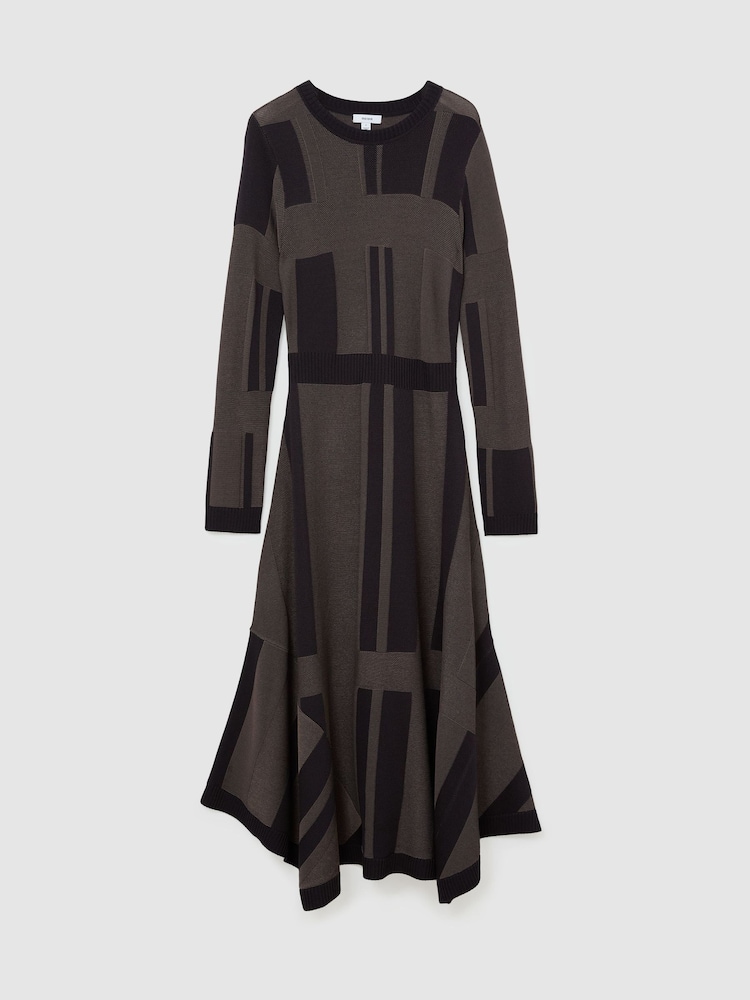 Reiss Chocolate Brown Felicity Geometric-Knit Long-Sleeve Midi Dress - Image 2 of 7