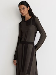 Reiss Chocolate Brown Felicity Geometric-Knit Long-Sleeve Midi Dress - Image 5 of 7