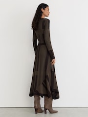 Reiss Chocolate Brown Felicity Geometric-Knit Long-Sleeve Midi Dress - Image 6 of 7