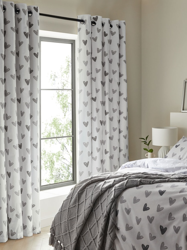 Grey Hearts Blackout/Thermal Eyelet Curtains - Image 3 of 7