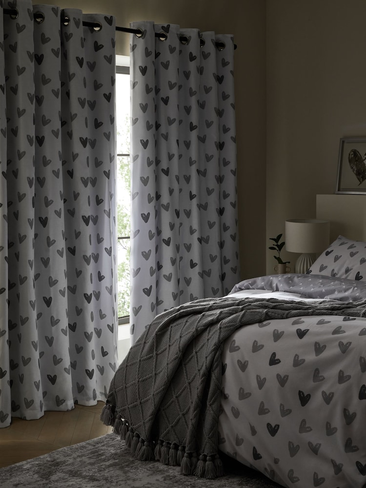 Grey Hearts Blackout/Thermal Eyelet Curtains - Image 4 of 7