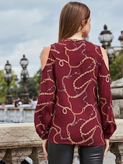 Sosandar Red Chain Print Cold Shoulder Top - Image 2 of 5