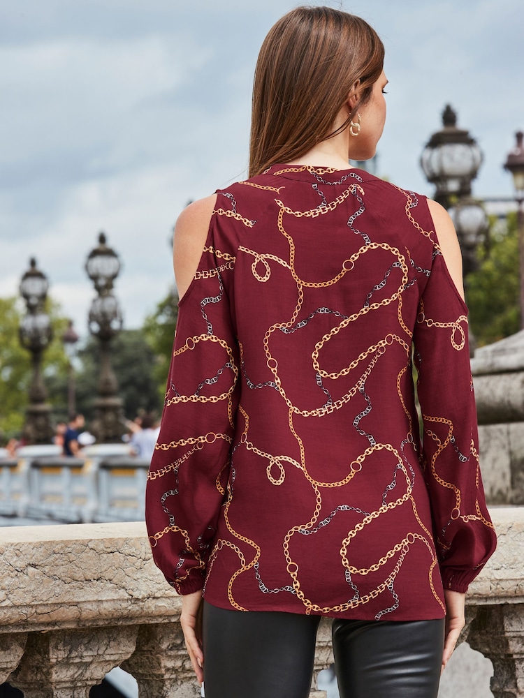 Sosandar Red Chain Print Cold Shoulder Top - Image 2 of 5 Sosandar Red Chain Print Cold Shoulder Top - Image 2 of 5
