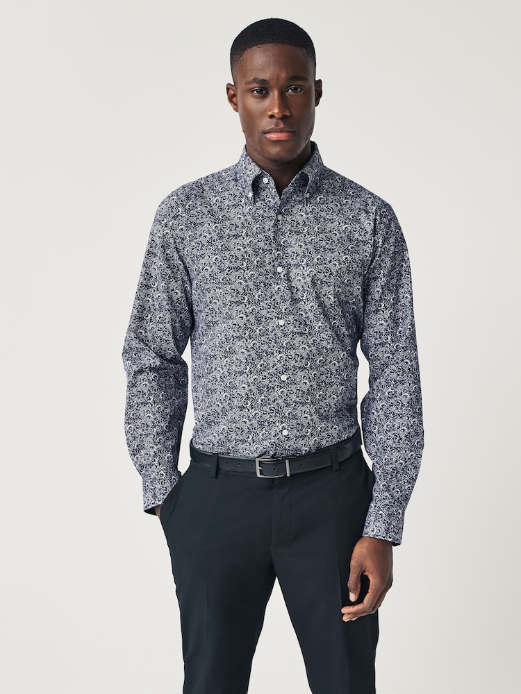 Navy Blue Floral Regular Fit Easy Iron Button Down Oxford Shirt - Image 1 of 8