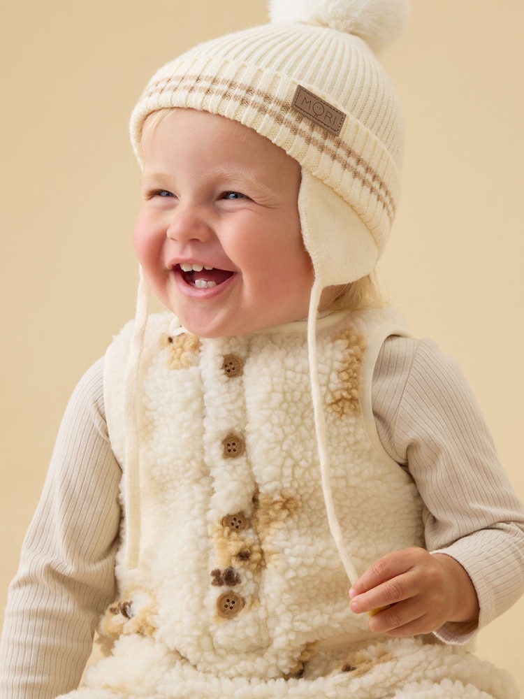 MORI Cream Beanie Hat with Faux Fur Pom - Image 1 of 2 MORI Cream Beanie Hat with Faux Fur Pom - Image 1 of 2