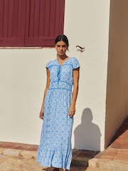 Blue Tile Print - Платье макси с короткими рукавами и завязкой спереди - Image 1 of 6
